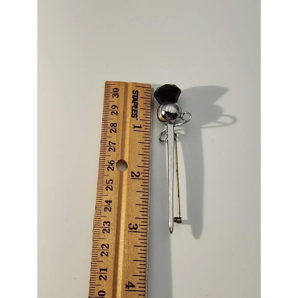 Vintage silver‎ tone rhinestone signed Mizpah Scottish thistle sword brooch pin